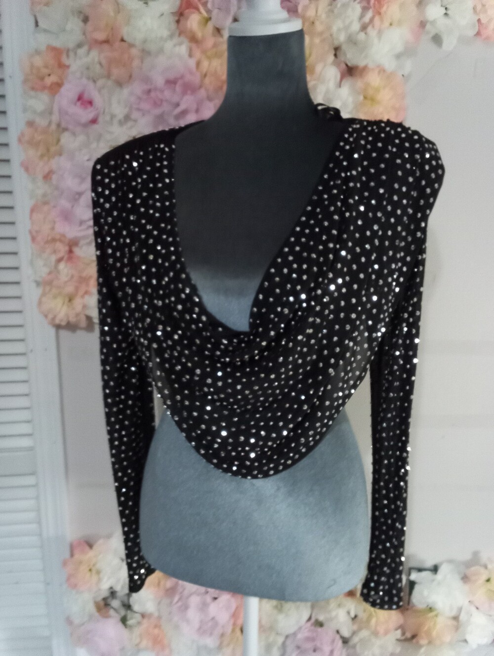 Windsor Black Sequin Draped Cowl Long-Sleeve Top
